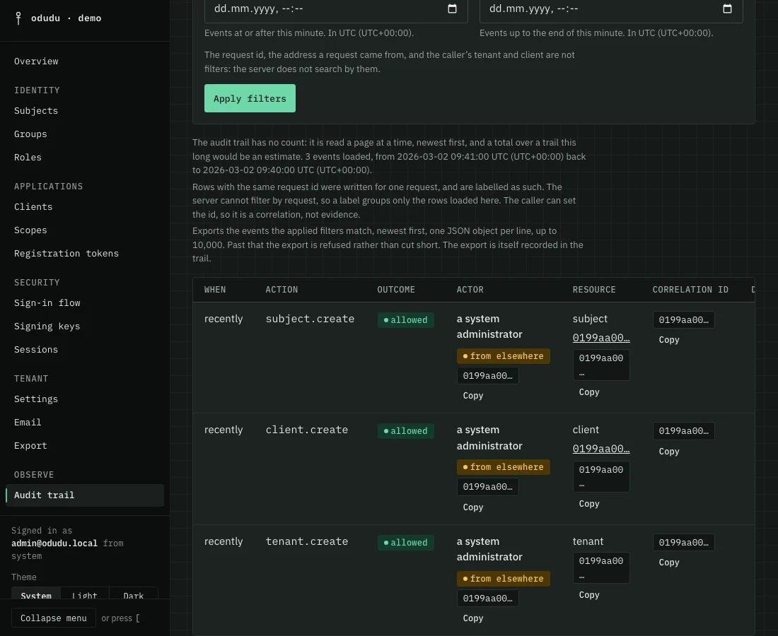 The demo tenant's audit trail: the three events so far, tenant.create, client.create and subject.create, each allowed and made by a system administrator.