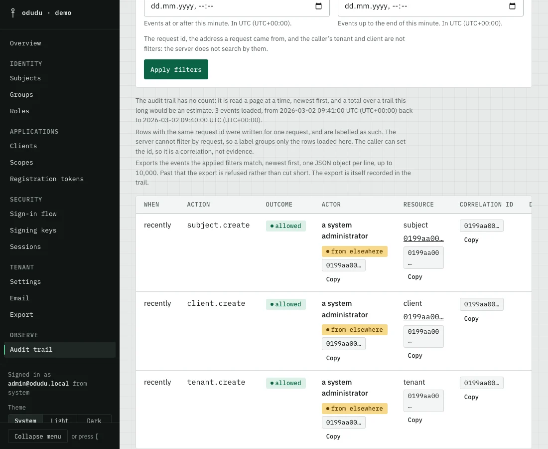 The demo tenant's audit trail: the three events so far, tenant.create, client.create and subject.create, each allowed and made by a system administrator.