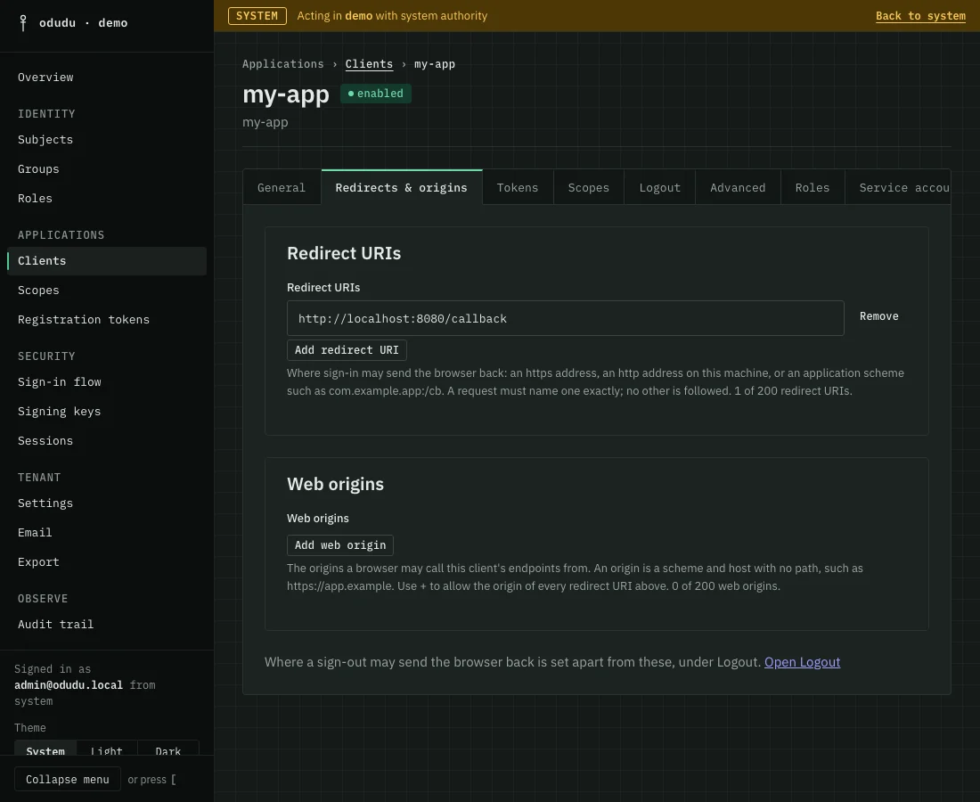 my-app's record on its Redirects & origins tab, listing its one redirect URI and the buttons to add another redirect URI or a web origin. The tab row runs past the right edge.