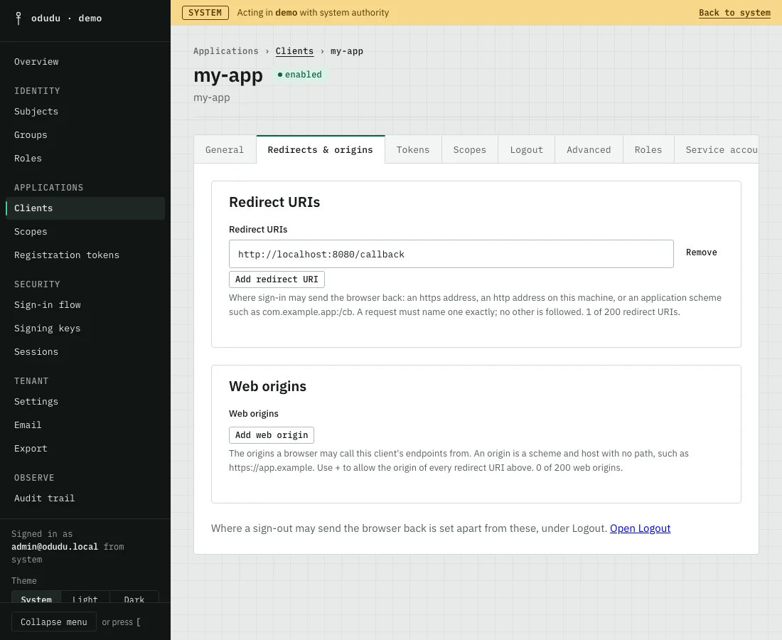 my-app's record on its Redirects & origins tab, listing its one redirect URI and the buttons to add another redirect URI or a web origin. The tab row runs past the right edge.