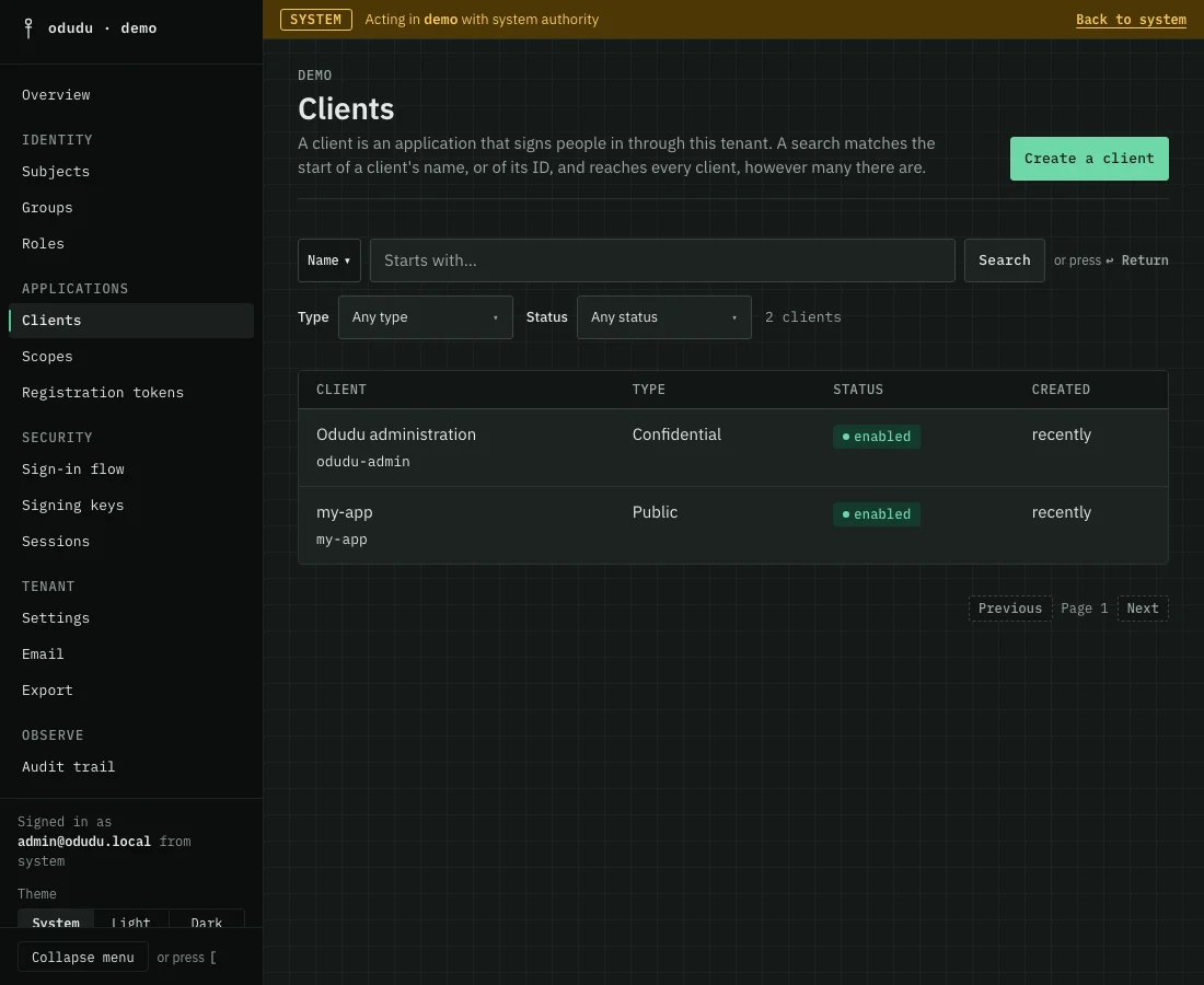The demo tenant's Clients list: the built-in odudu-admin client and my-app, with a Create a client button.