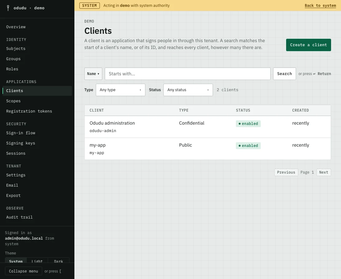 The demo tenant's Clients list: the built-in odudu-admin client and my-app, with a Create a client button.