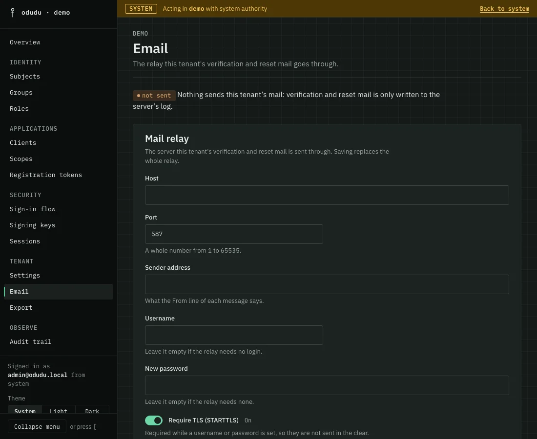 The Email page: a notice that nothing sends this tenant’s mail, and the Mail relay form with Host, Port and Sender address.