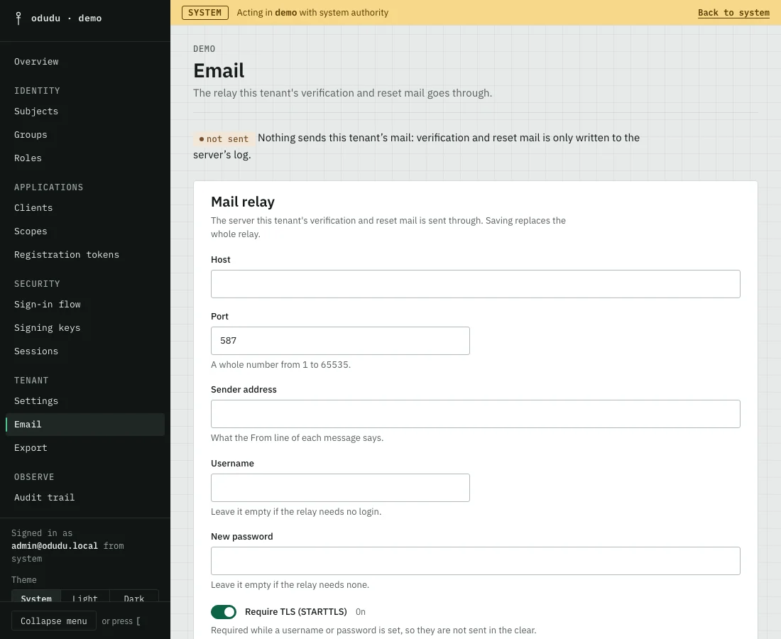 The Email page: a notice that nothing sends this tenant’s mail, and the Mail relay form with Host, Port and Sender address.