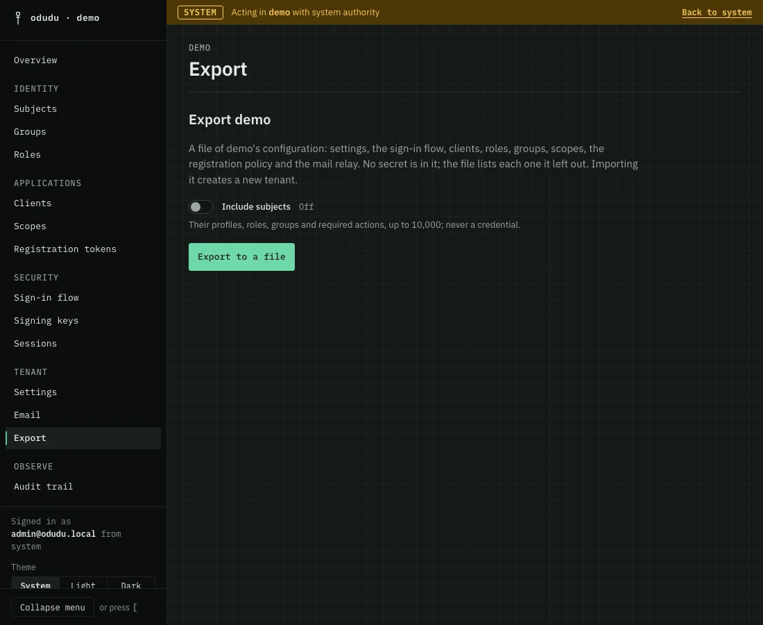 The Export page for demo, with an Include subjects switch and an Export to a file button.