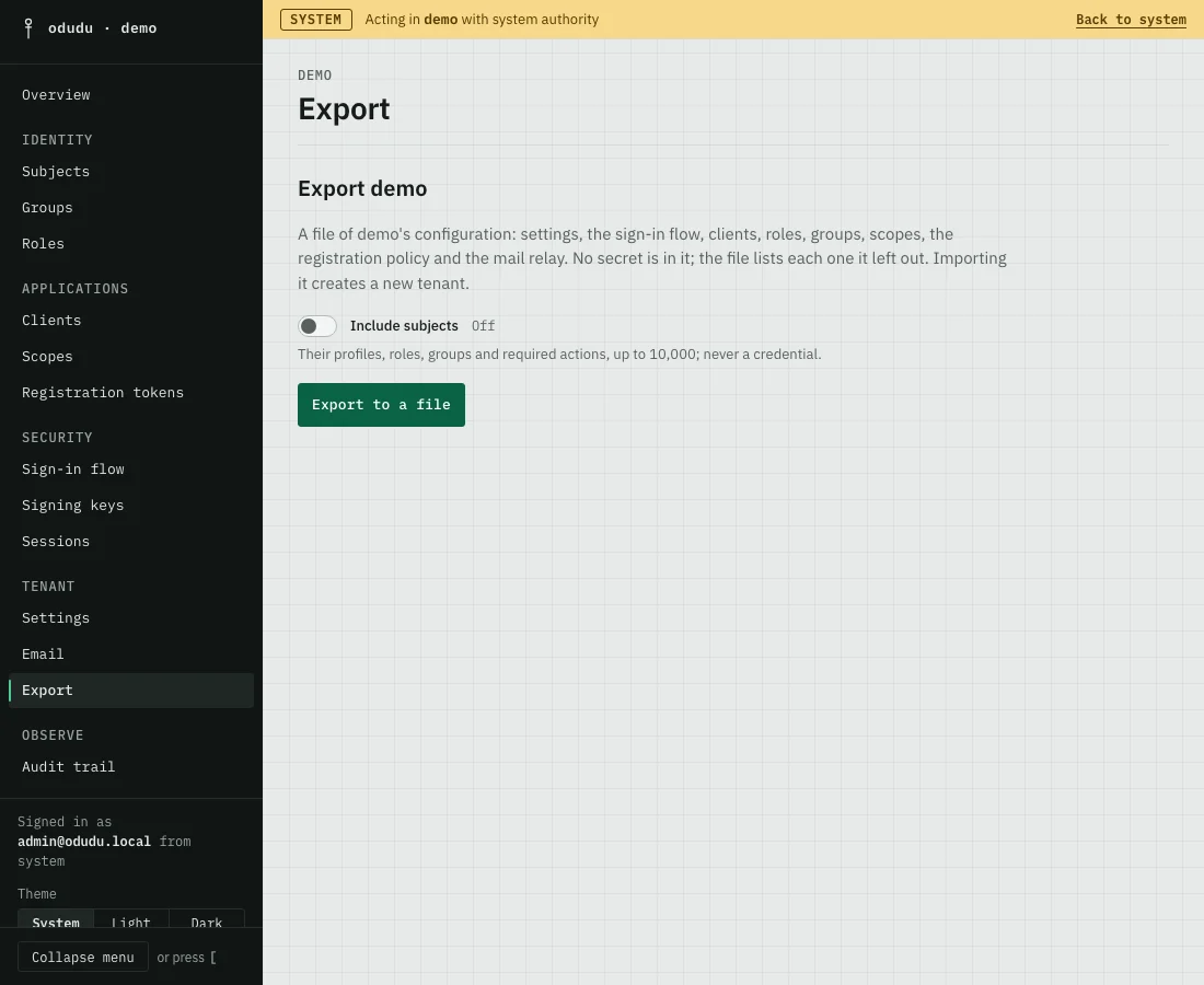 The Export page for demo, with an Include subjects switch and an Export to a file button.
