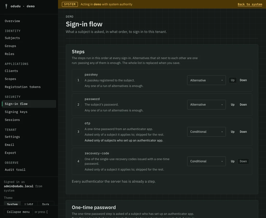 The Sign-in flow page: four steps in order, passkey, password, otp and recovery-code, each with a requirement menu and Up and Down buttons.