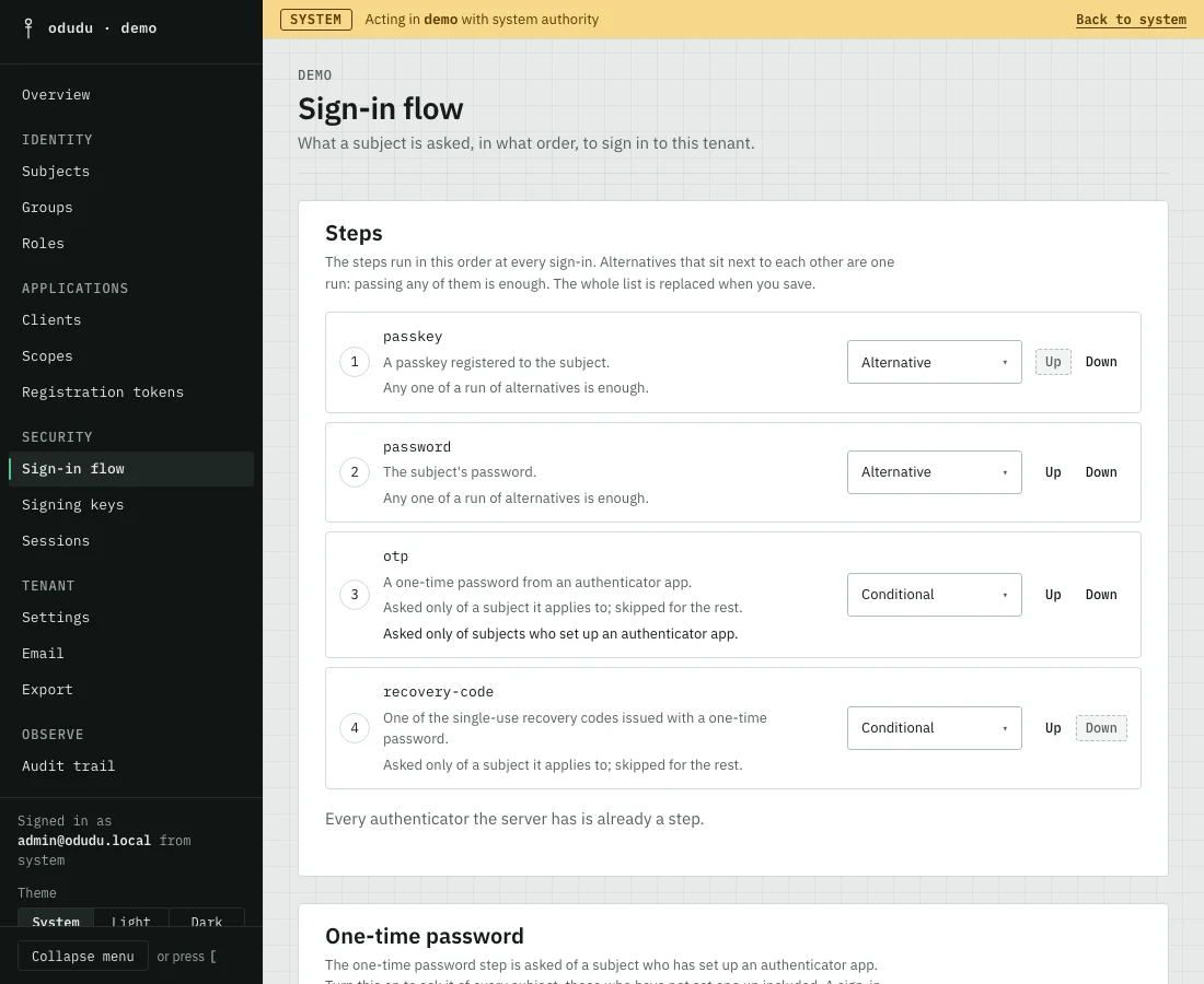 The Sign-in flow page: four steps in order, passkey, password, otp and recovery-code, each with a requirement menu and Up and Down buttons.