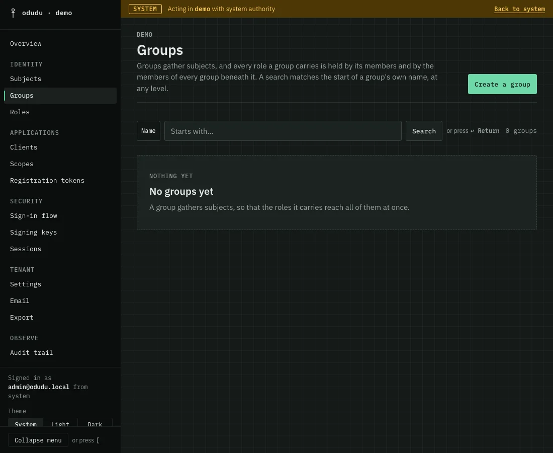 The demo tenant's Groups list, empty, with a Create a group button and a search by name.