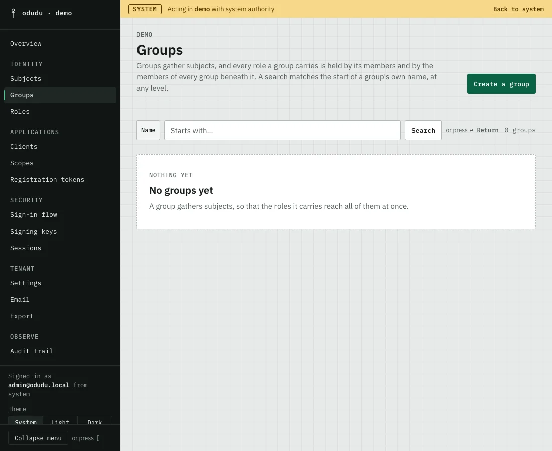 The demo tenant's Groups list, empty, with a Create a group button and a search by name.