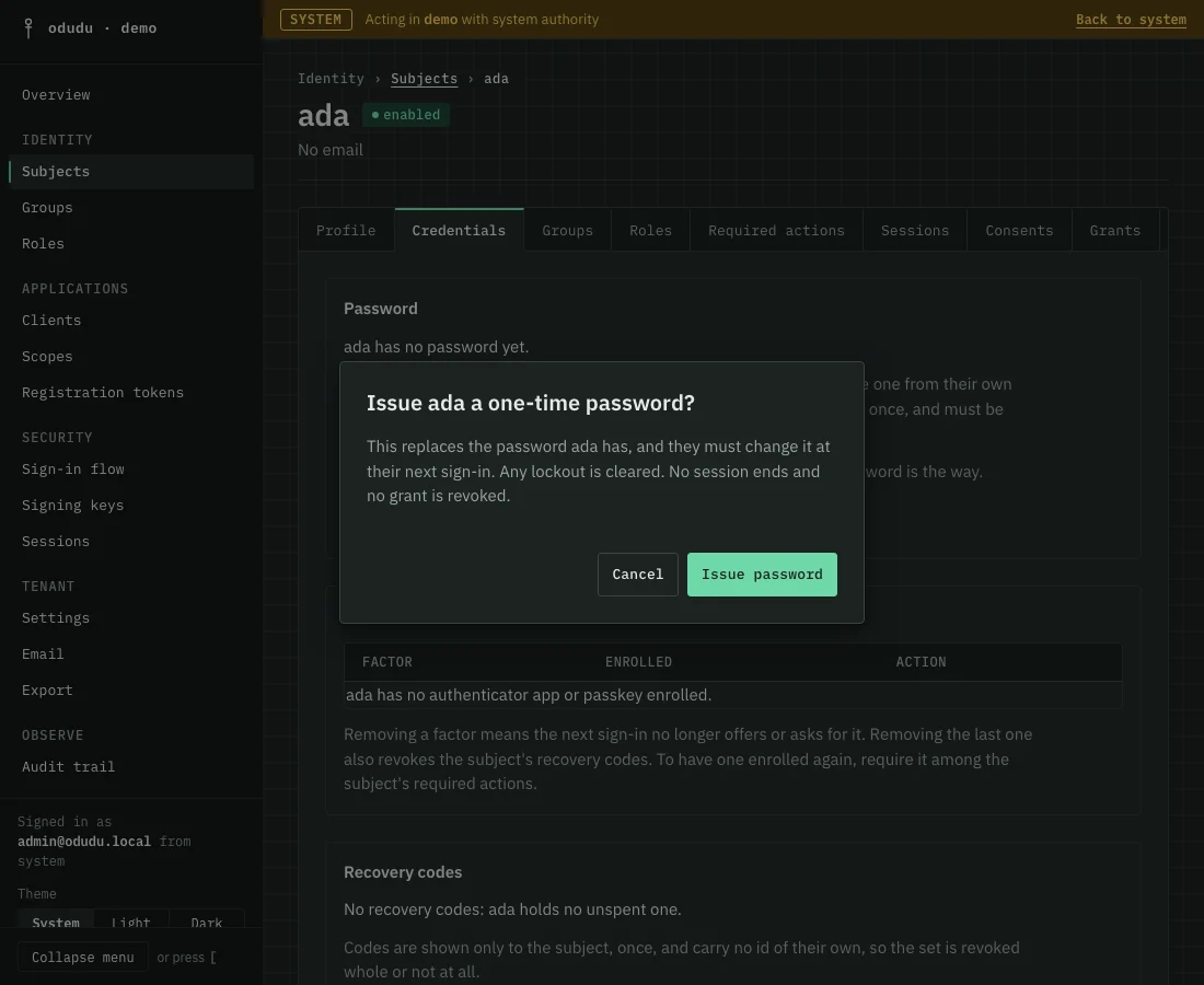 The Credentials tab of ada, with a dialog asking whether to issue a one-time password.
