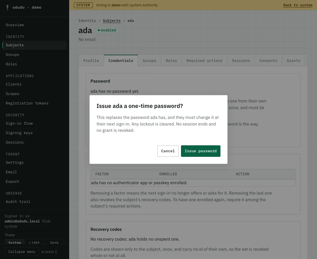 The Credentials tab of ada, with a dialog asking whether to issue a one-time password.