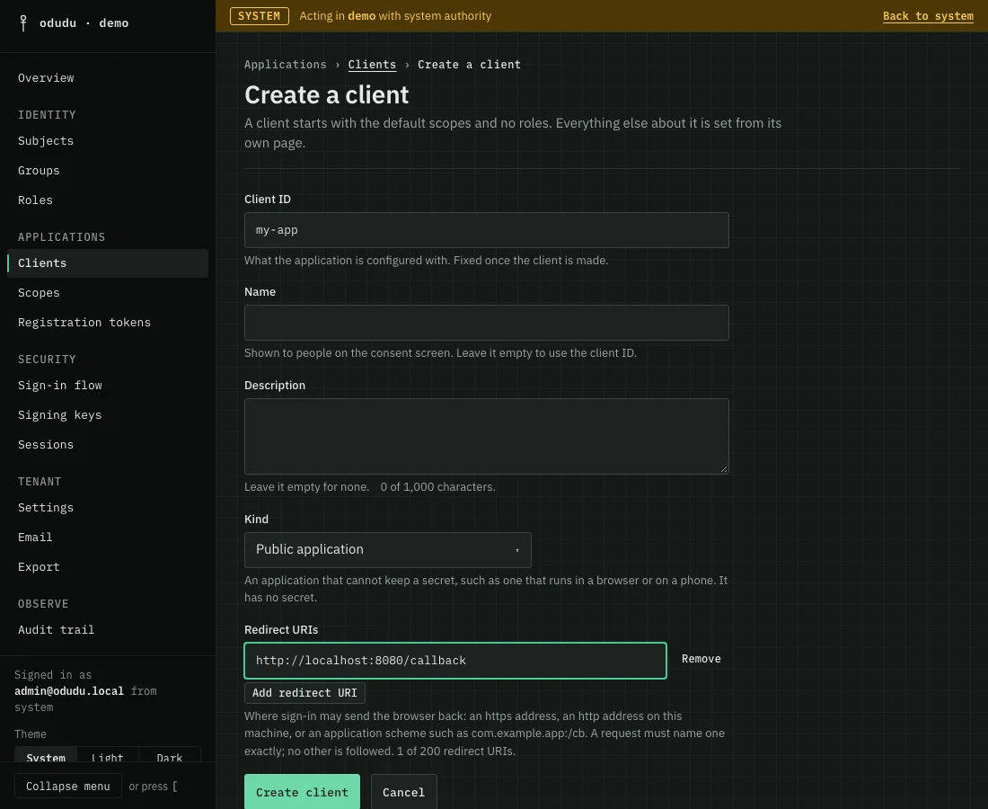 The Create a client form with client ID my-app, the kind Public application and one redirect URI.