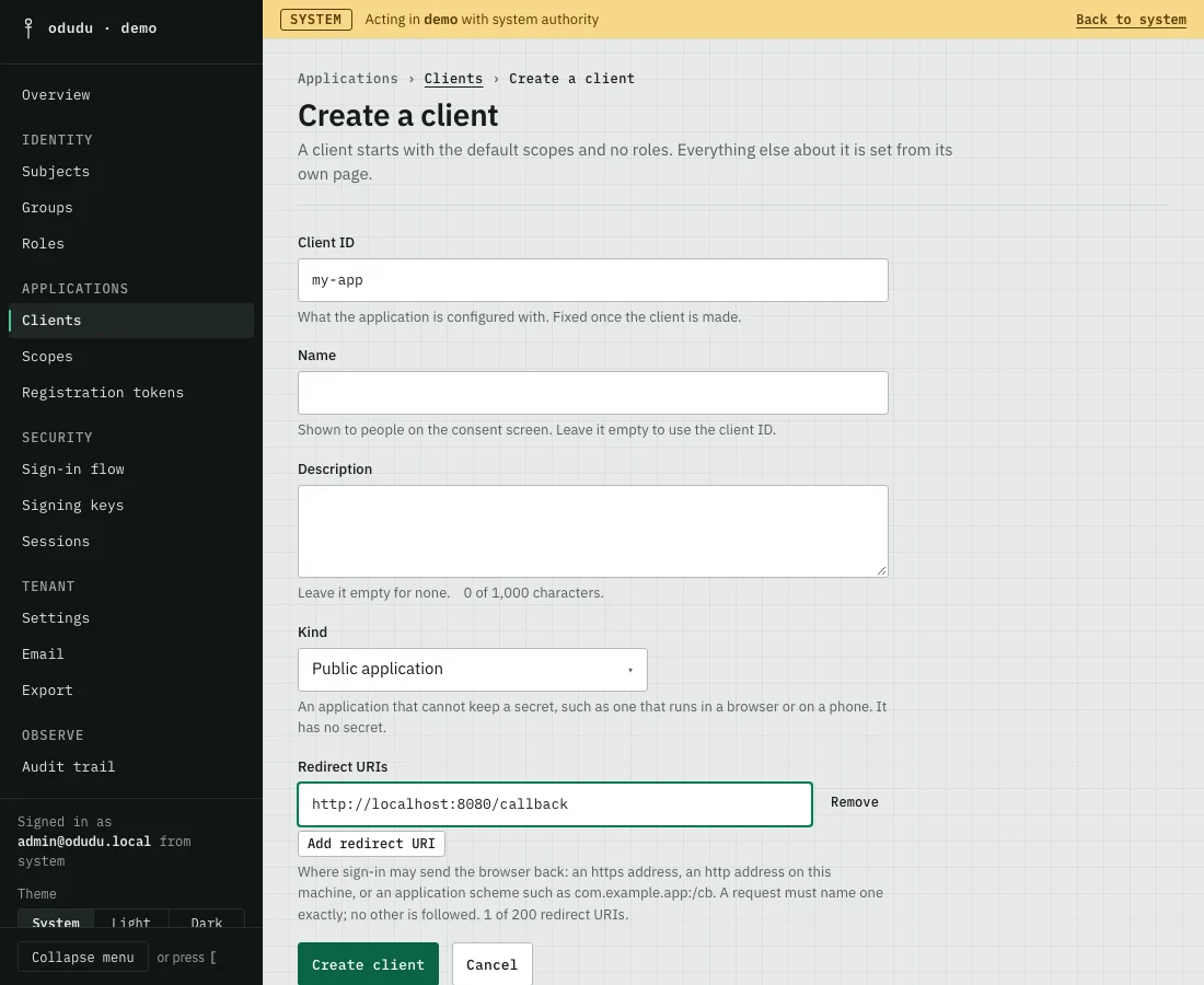 The Create a client form with client ID my-app, the kind Public application and one redirect URI.