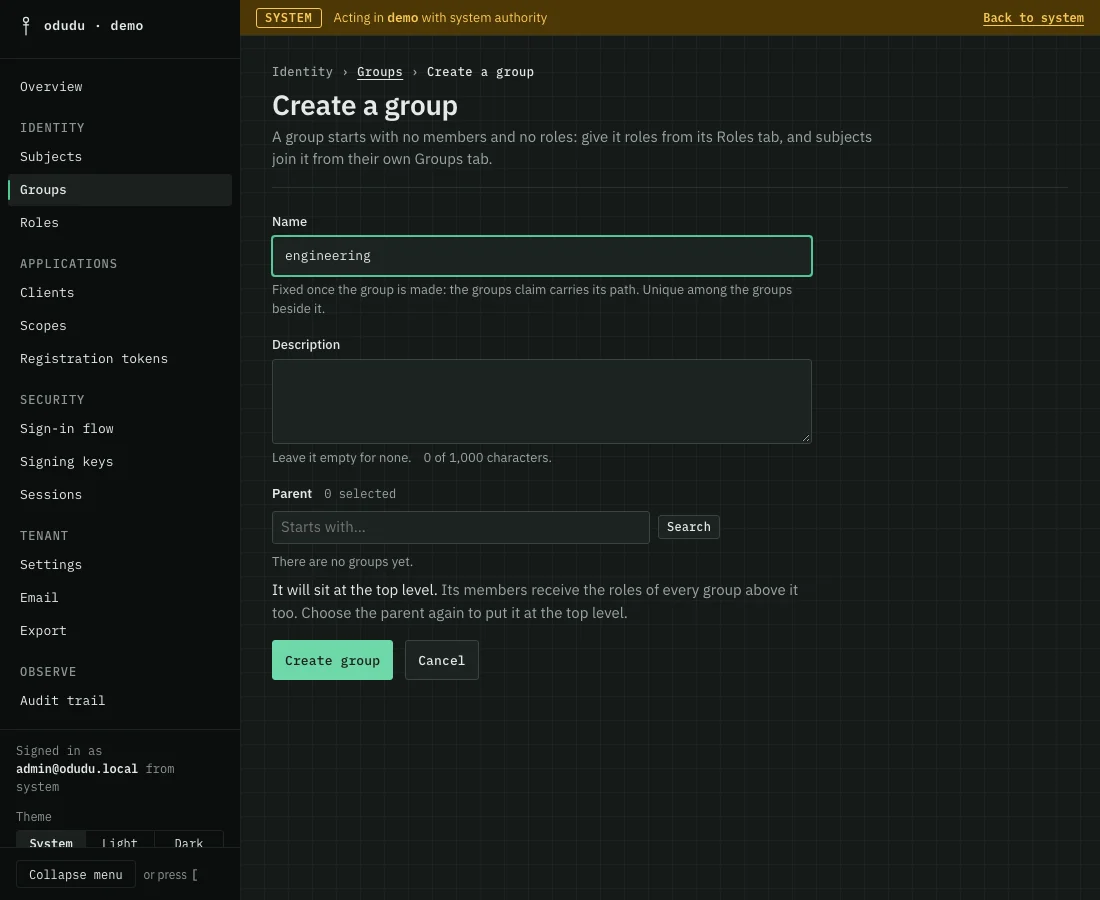 The Create a group form with the name engineering typed in and a parent picker beneath it.
