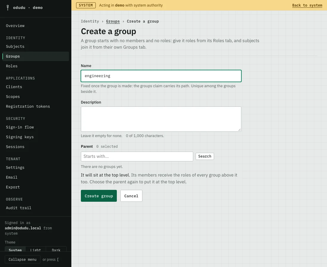 The Create a group form with the name engineering typed in and a parent picker beneath it.
