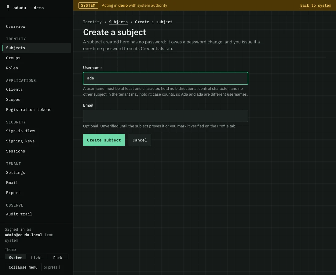The Create a subject form with the username ada typed in.