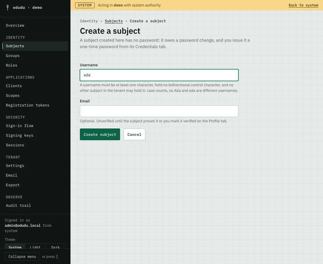 The Create a subject form with the username ada typed in.