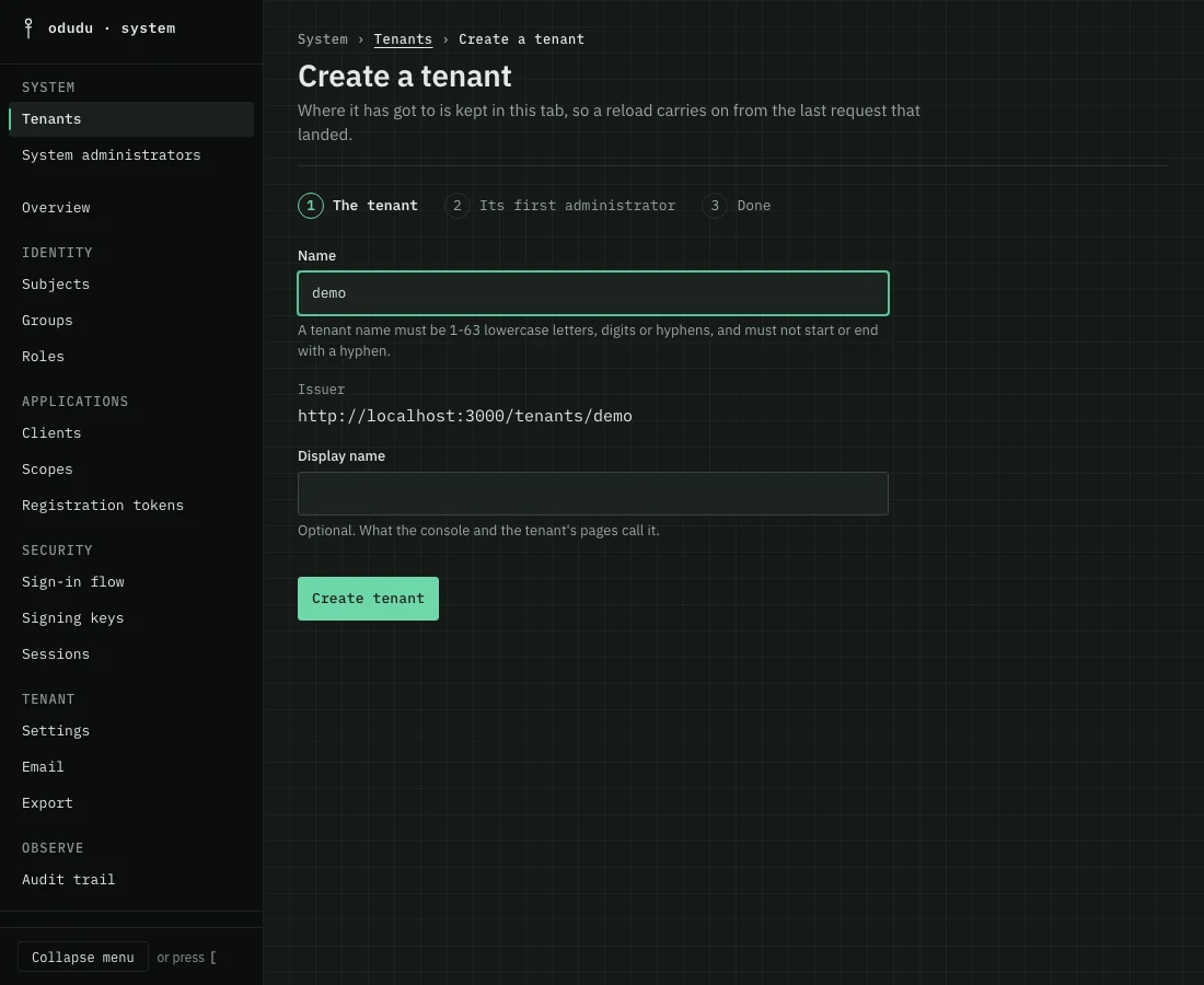The Create a tenant form with the name demo typed in and its issuer, http://localhost:3000/tenants/demo, shown beneath.