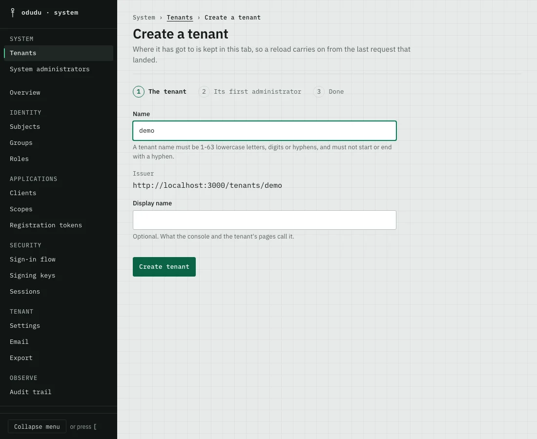 The Create a tenant form with the name demo typed in and its issuer, http://localhost:3000/tenants/demo, shown beneath.