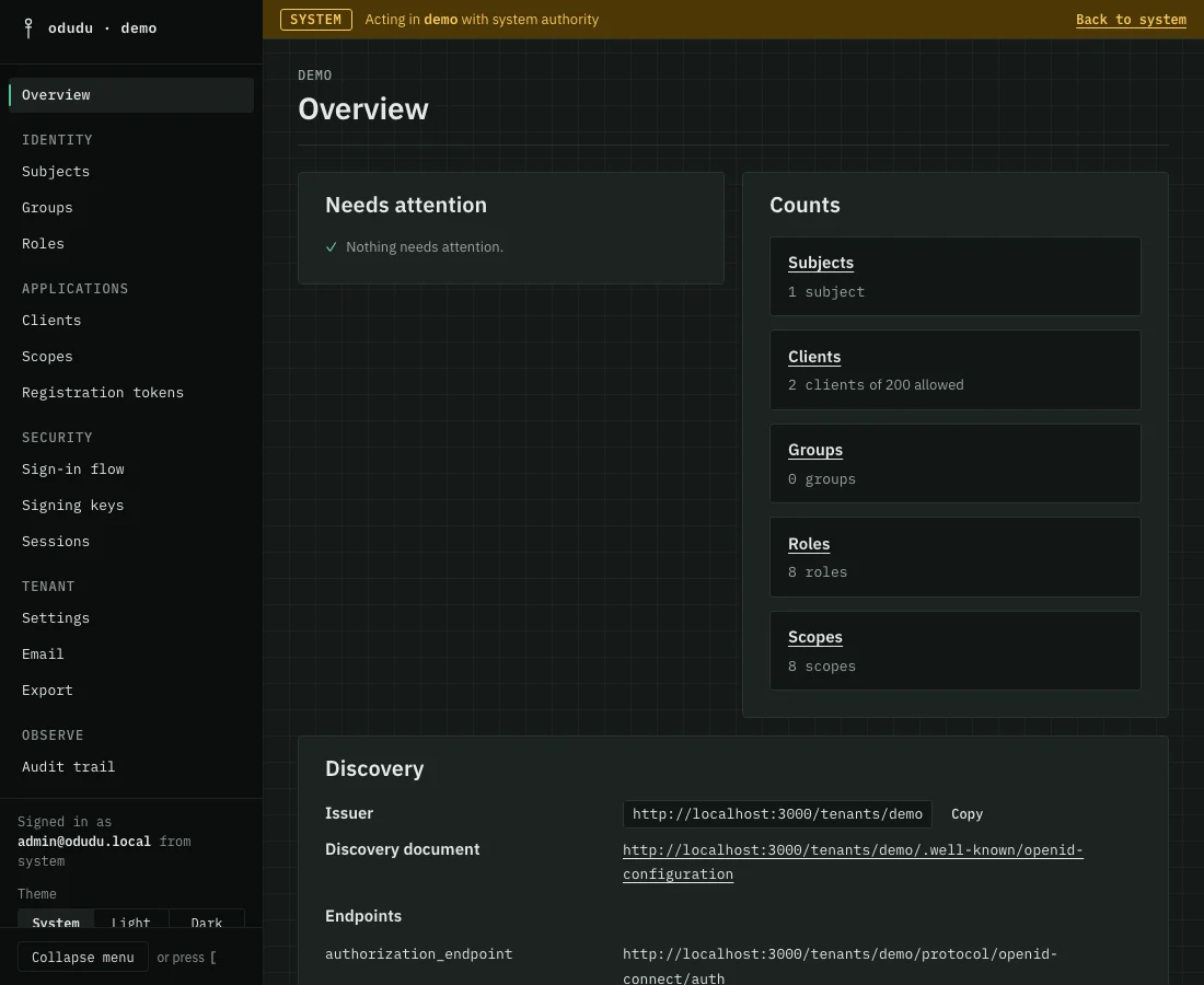 The Odudu admin console on a tenant's overview page: a menu of areas on the left, and counts of subjects, clients, groups, roles and scopes.