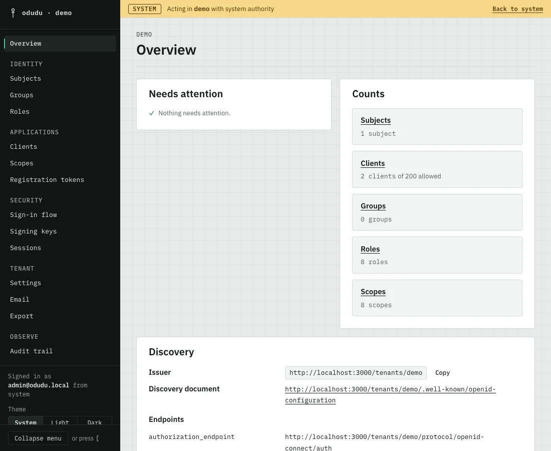 The Odudu admin console on a tenant's overview page: a menu of areas on the left, and counts of subjects, clients, groups, roles and scopes.