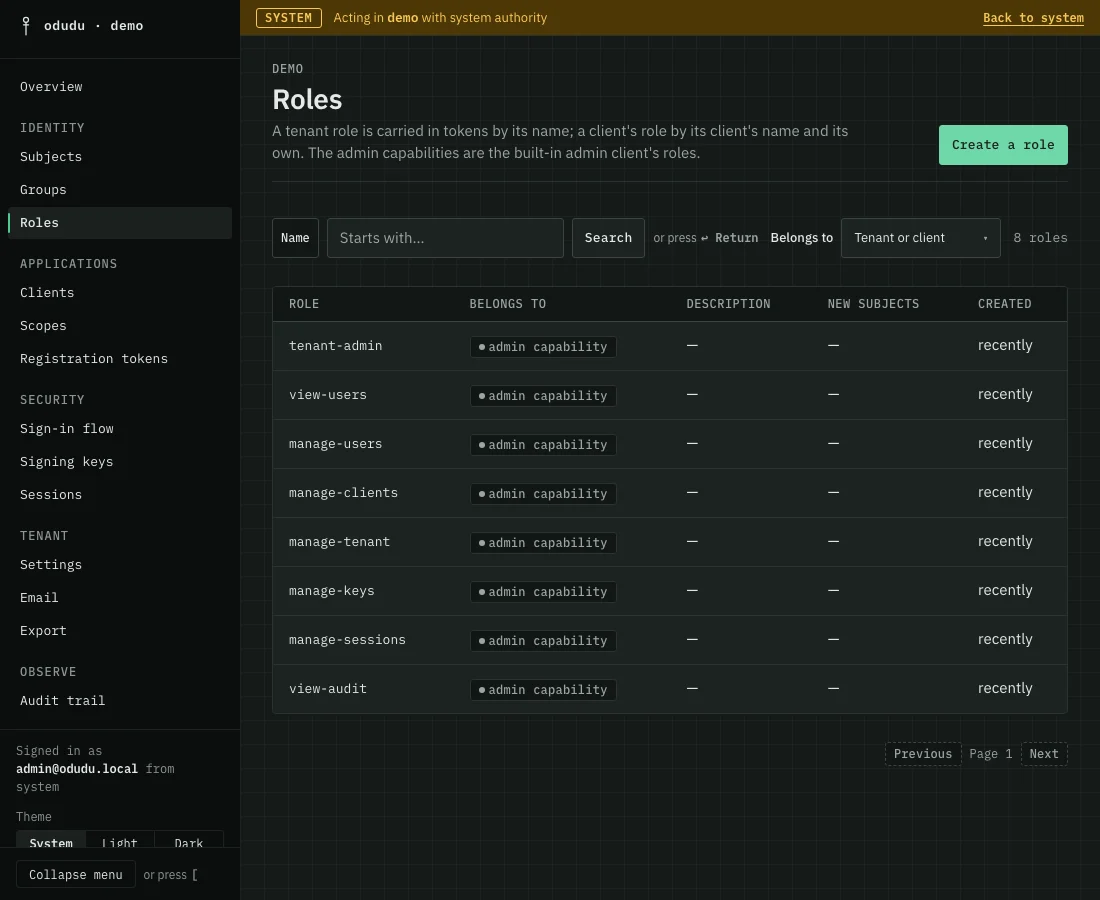 The demo tenant's Roles list: the eight built-in admin capabilities, each marked as an admin capability, and a Create a role button.