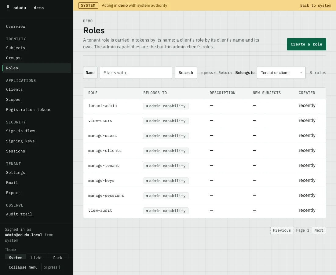 The demo tenant's Roles list: the eight built-in admin capabilities, each marked as an admin capability, and a Create a role button.