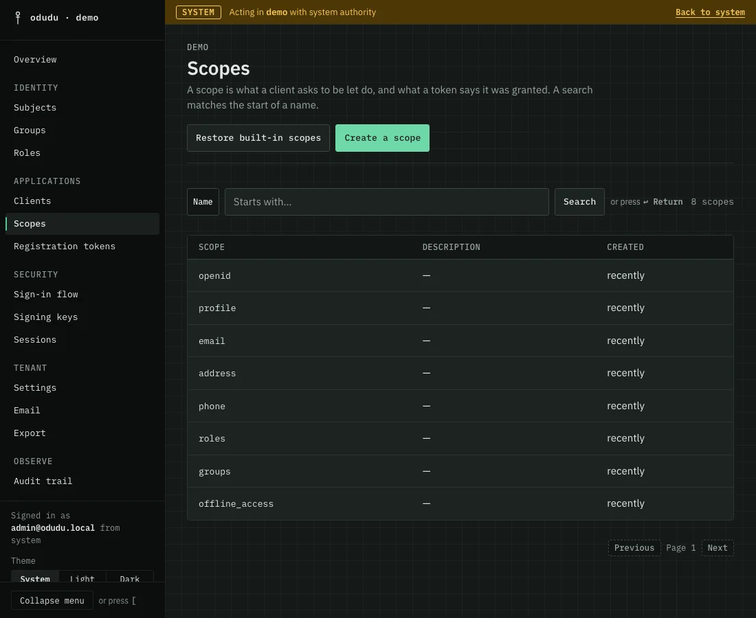 The demo tenant's Scopes list: openid, profile, email, address, phone, roles, groups and offline_access, with Restore built-in scopes and Create a scope buttons.