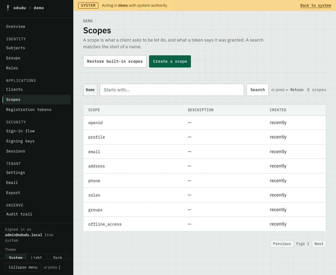 The demo tenant's Scopes list: openid, profile, email, address, phone, roles, groups and offline_access, with Restore built-in scopes and Create a scope buttons.