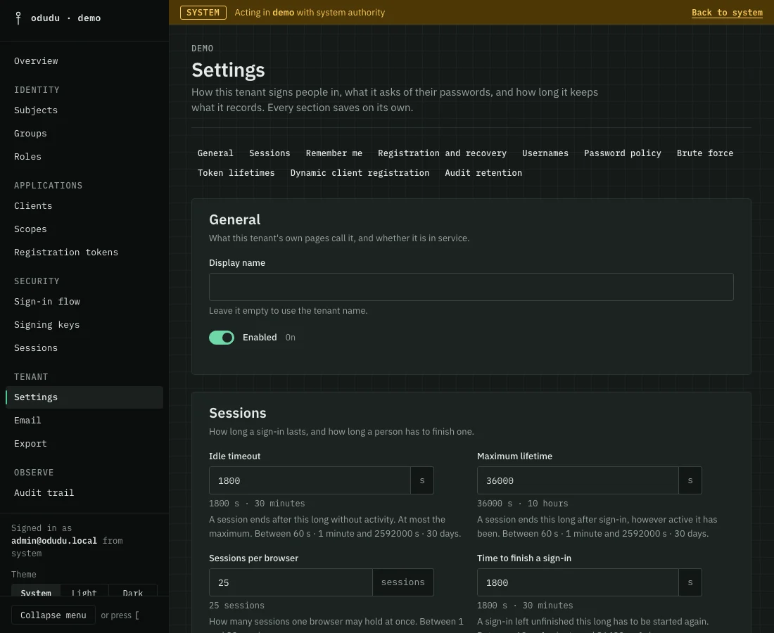The Settings page: a row of section names from General to Audit retention, then the General and Sessions sections with their fields.