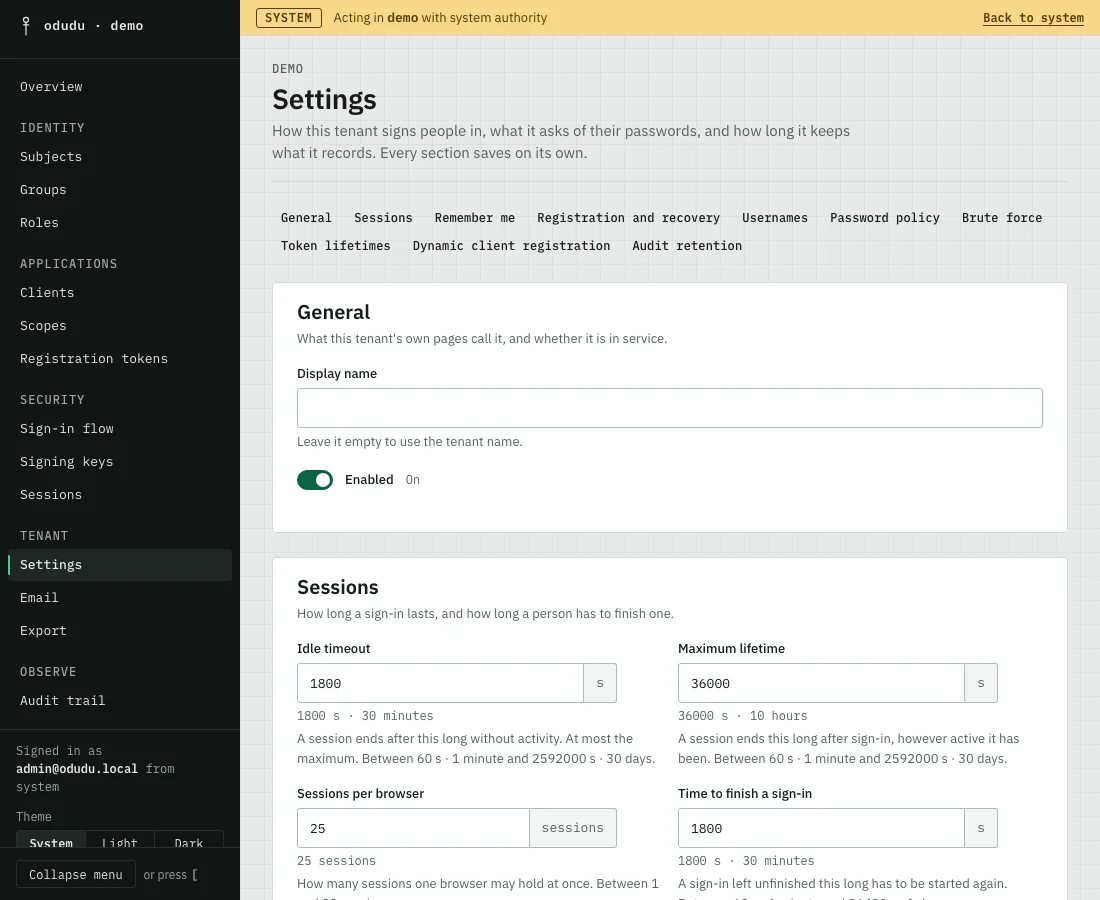The Settings page: a row of section names from General to Audit retention, then the General and Sessions sections with their fields.