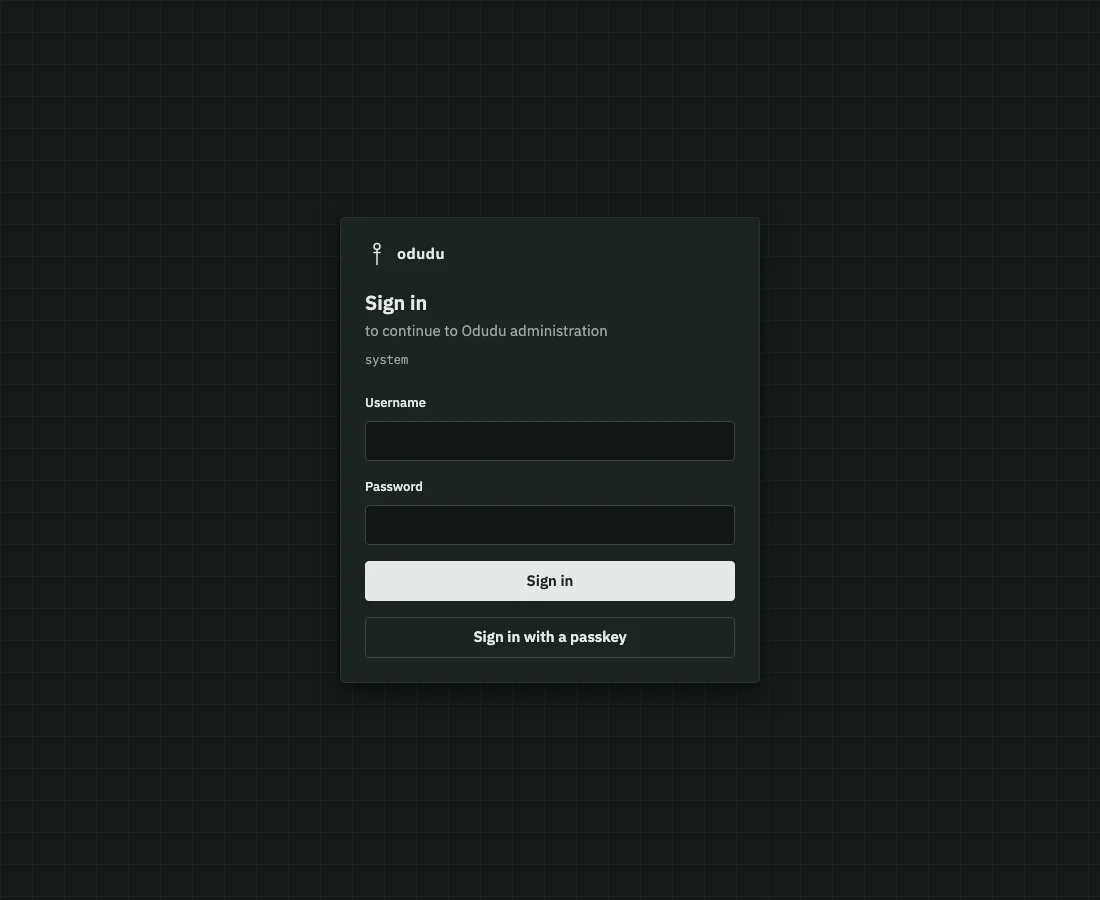 Odudu's sign-in page for the system tenant, with Username and Password fields.