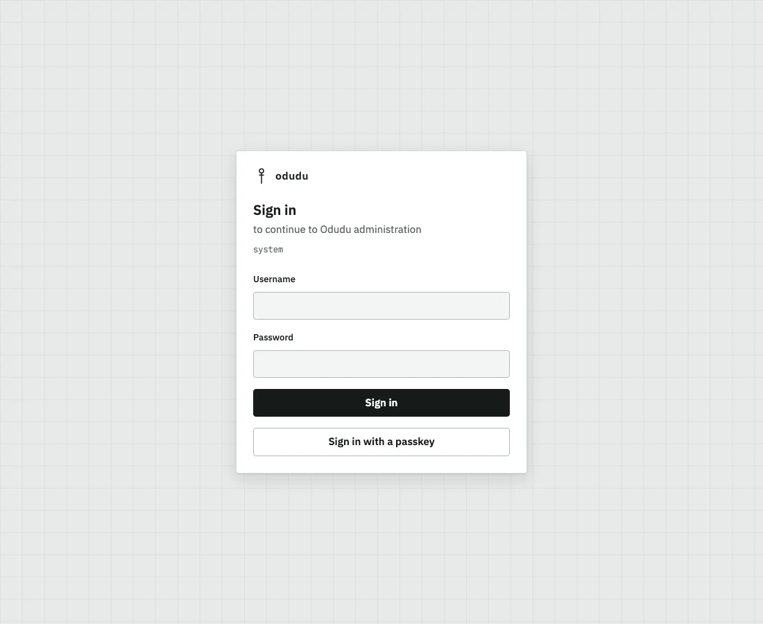 Odudu's sign-in page for the system tenant, with Username and Password fields.