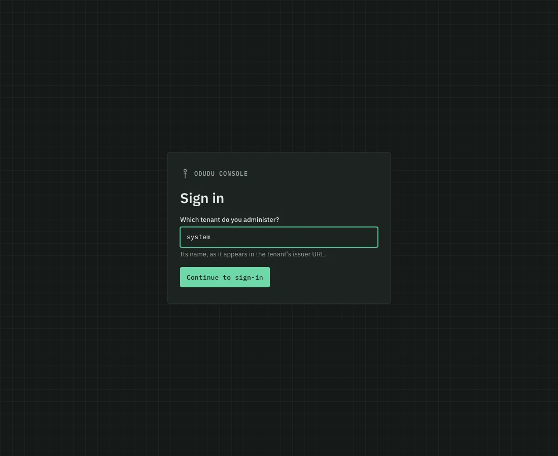 The console asks which tenant you administer, with one field and a Continue to sign-in button.