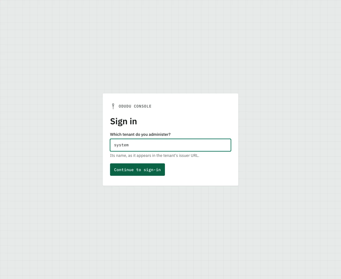 The console asks which tenant you administer, with one field and a Continue to sign-in button.