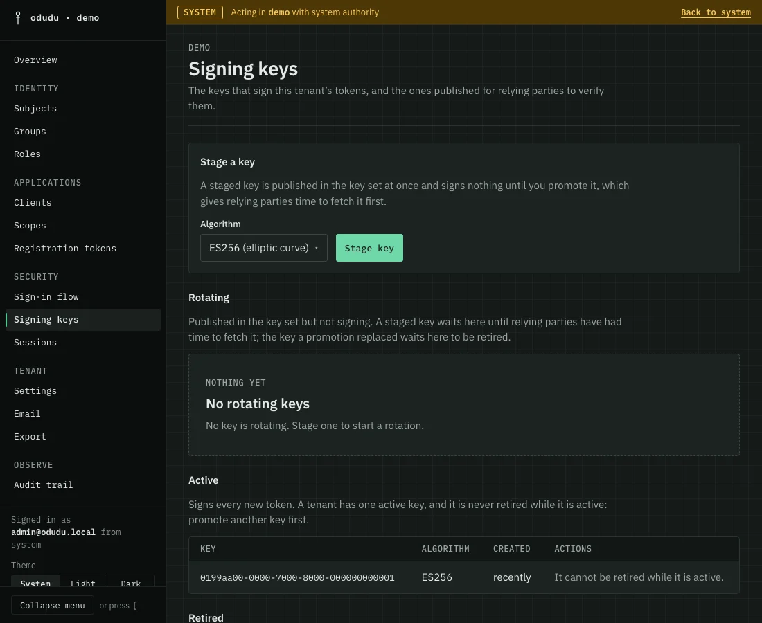The Signing keys page: a Stage a key form with an algorithm menu and a Stage key button, an empty Rotating lane, and the Active lane with one ES256 key that cannot be retired while it is active.