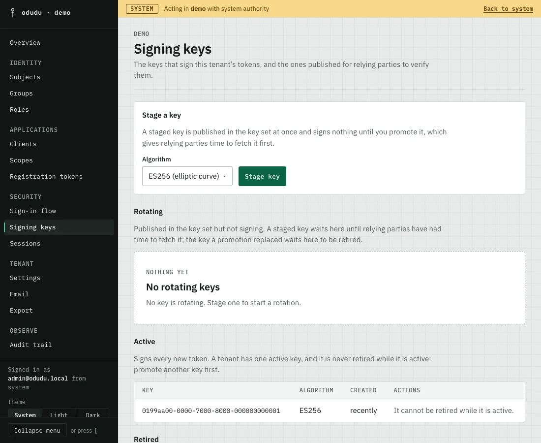 The Signing keys page: a Stage a key form with an algorithm menu and a Stage key button, an empty Rotating lane, and the Active lane with one ES256 key that cannot be retired while it is active.