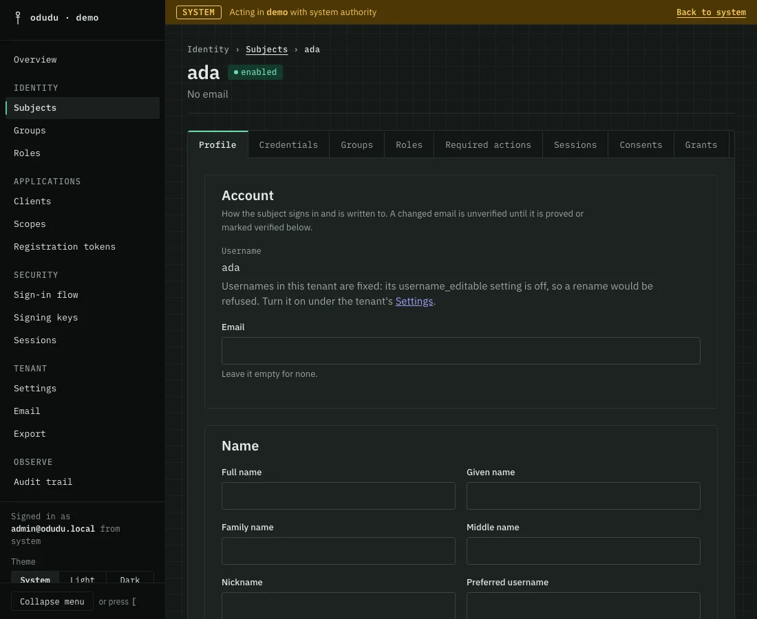 ada's record on its Profile tab, with the tabs Profile, Credentials, Groups, Roles, Required actions, Sessions, Consents and Grants above the account fields.