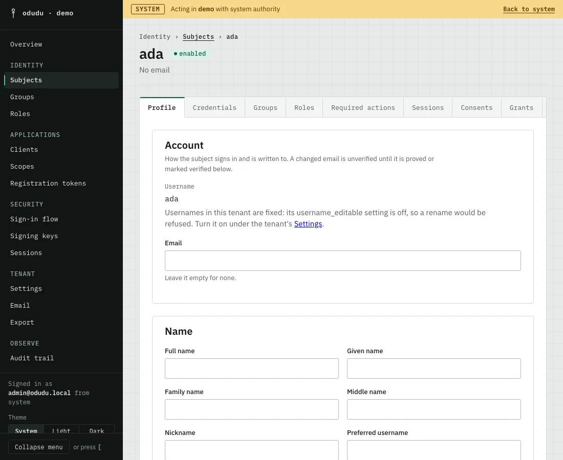 ada's record on its Profile tab, with the tabs Profile, Credentials, Groups, Roles, Required actions, Sessions, Consents and Grants above the account fields.