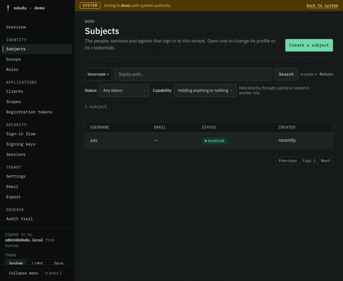 The demo tenant's Subjects list, with the person ada and a Create a subject button.