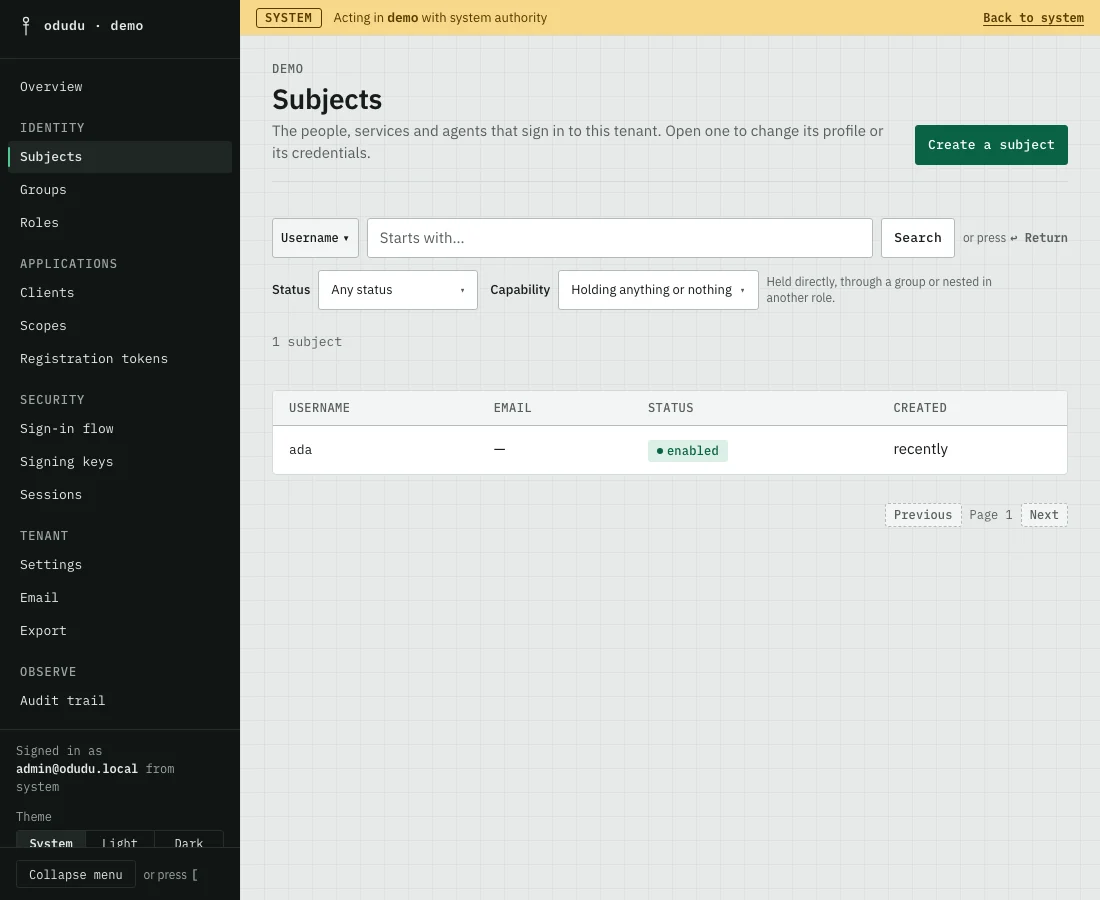 The demo tenant's Subjects list, with the person ada and a Create a subject button.