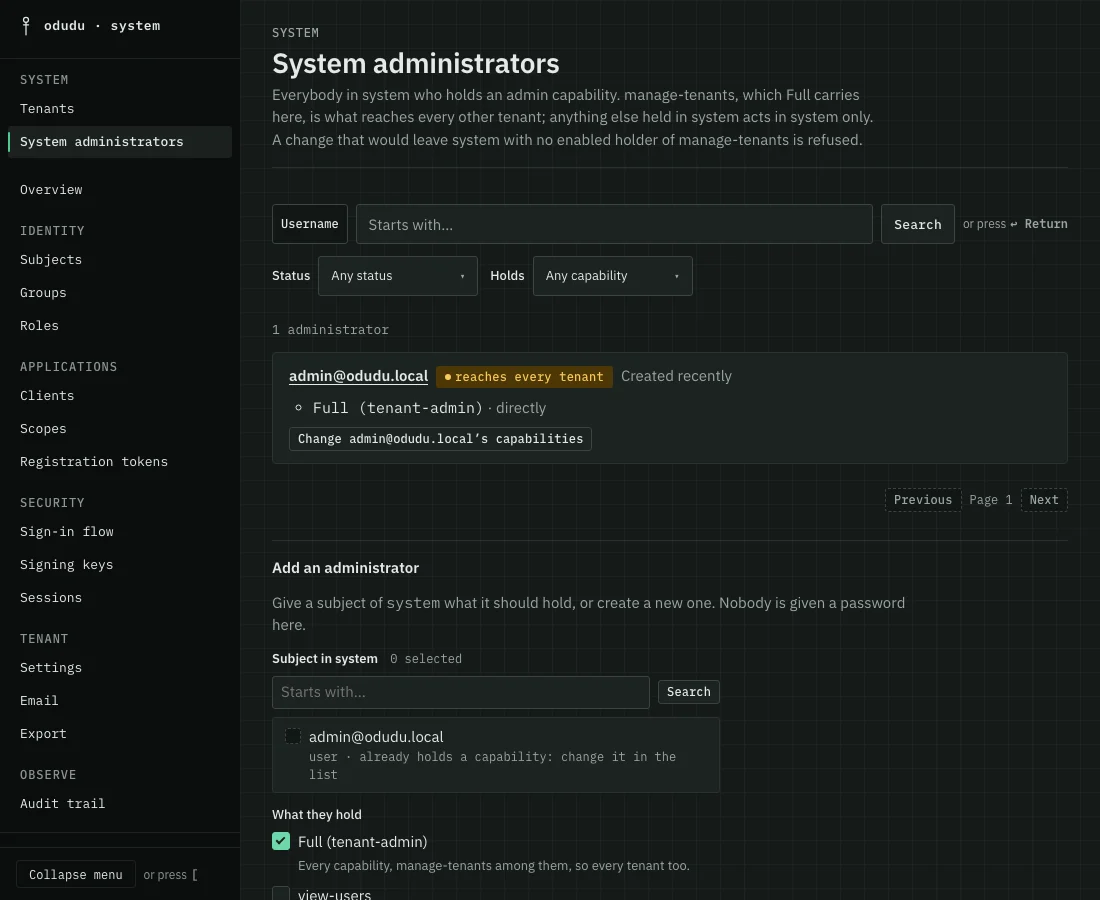 The System administrators page: one administrator, admin@odudu.local, holding Full (tenant-admin) and reaching every tenant.