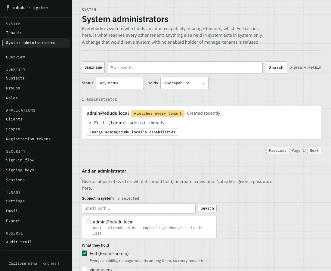 The System administrators page: one administrator, admin@odudu.local, holding Full (tenant-admin) and reaching every tenant.