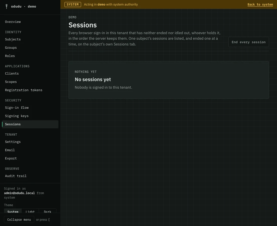 The demo tenant's Sessions page with an End every session button and a message that nobody is signed in.