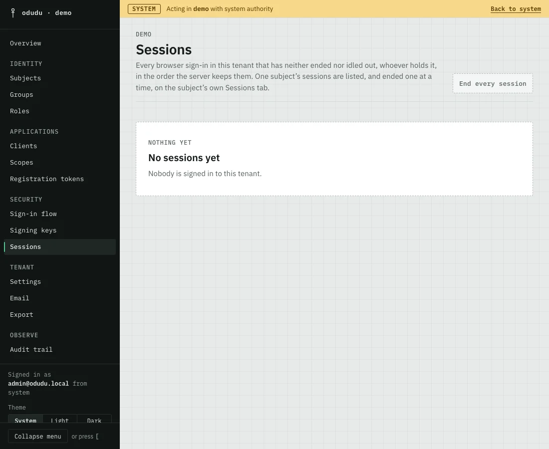 The demo tenant's Sessions page with an End every session button and a message that nobody is signed in.