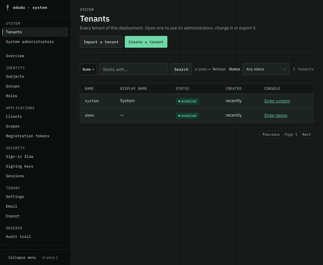 The Tenants list of the system tenant: system and demo, each with an Enter button, and the Import a tenant and Create a tenant buttons.
