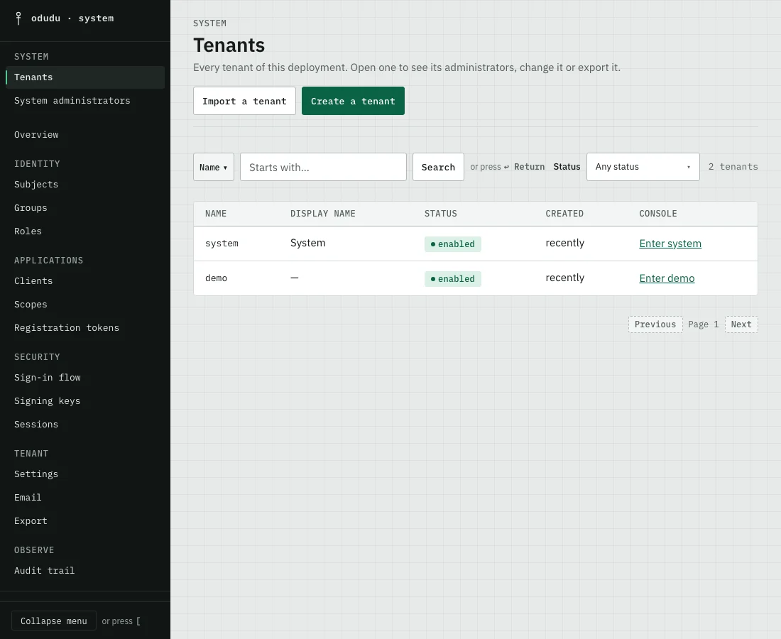 The Tenants list of the system tenant: system and demo, each with an Enter button, and the Import a tenant and Create a tenant buttons.